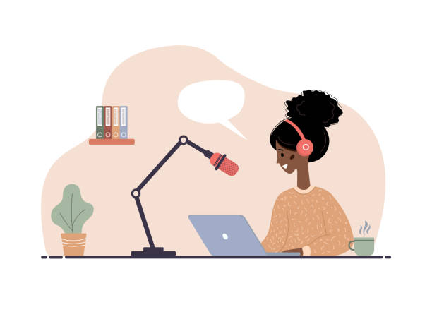 illustrations, cliparts, dessins animés et icônes de illustration vectorielle plate du podcast. femme africain dans des écouteurs à la diffusion audio d’enregistrement de table. - woman taking radio vintage