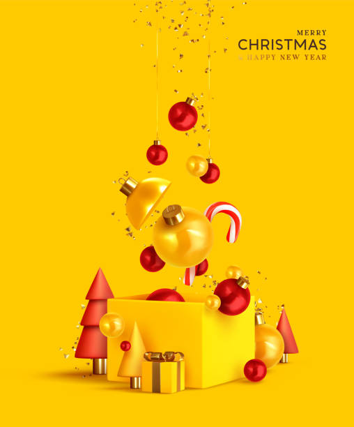 메리 크리스마스와 새해 복 많은 새해. xmas는 사실적인 추상 3d 객체를 디자인합니다. 선물 상자, 리본, 원뿔 소나무와 가문비 나무에 매달려 밝은 bauble 공, 부드러운 노란색 빨간색 색상. - 반짝이 조각 일러스트 stock illustrations