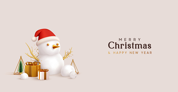 Merry Christmas And Happy New Year Xmas Festive Background Realistic 3d  Objects Snowman Gifts Boxes Decorative Design Elements Tree And Snow  Holiday Greeting Card Banner Web Poster Stock Illustration - Download Image