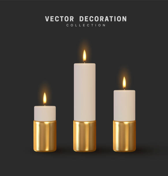 zestaw białych świec ze złotym świecznikiem. realistyczne izolowane obiekty 3d. ilustracja wektorowa - candle heat gold burning stock illustrations