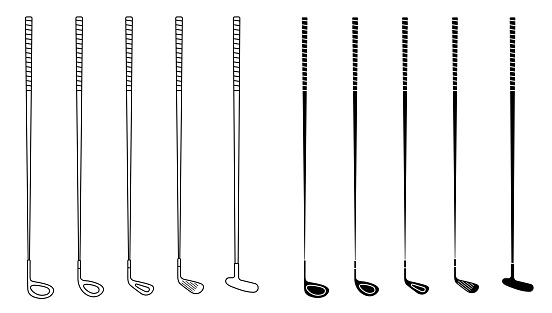 set of golf clubs for different shots and shapes. Golfer sports equipment. Active lifestyle. Vector