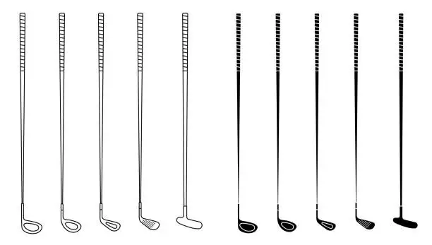 Vector illustration of set of golf clubs for different shots and shapes. Golfer sports equipment. Active lifestyle. Vector
