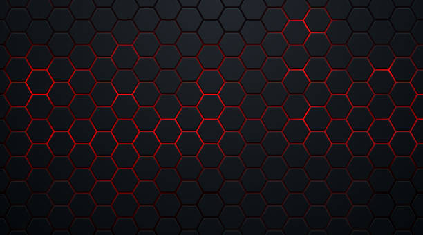 ilustrações de stock, clip art, desenhos animados e ícones de abstract dark hexagon pattern on red neon background technology style. modern futuristic geometric shape web banner design. you can use for cover template, poster, flyer, print ad. vector illustration - abstract science hexagon mesh