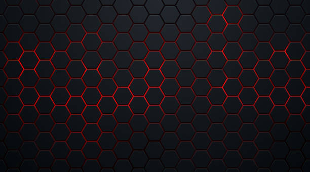 Abstract dark hexagon pattern on red neon background technology style. Modern futuristic geometric shape web banner design. You can use for cover template, poster, flyer, print ad. Vector illustration Abstract dark hexagon pattern on red neon background technology style. Modern futuristic geometric shape web banner design. You can use for cover template, poster, flyer, print ad. Vector illustration metallic textures stock illustrations