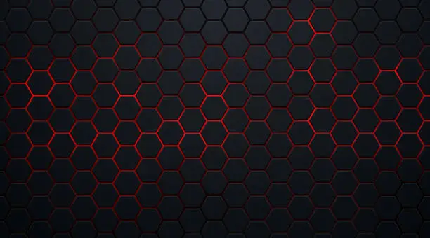 Vector illustration of Abstract dark hexagon pattern on red neon background technology style. Modern futuristic geometric shape web banner design. You can use for cover template, poster, flyer, print ad. Vector illustration