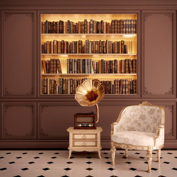 istock Classic interior.Chair,gramaphone with bookshelf.3d rendering 1290811941