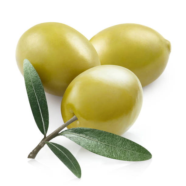 istock Delicious green olives with leaves on white 1290816207