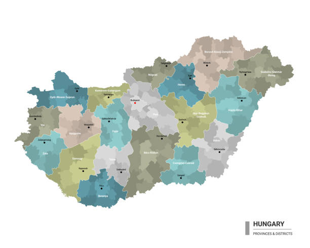 Hungary higt detailed map with subdivisions. Administrative map of Hungary with districts and cities name, colored by states and administrative districts. Vector illustration. Hungary higt detailed map with subdivisions. Administrative map of Hungary with districts and cities name, colored by states and administrative districts. Vector illustration. eger stock illustrations