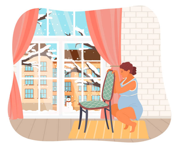 Pregnant woman is squatting, holding on to chair. Woman with big belly. Maternity, pregnancy, birth Pregnant woman is squatting, holding on to chair. Woman prepares for childbirth. Female in long gestation period. Winter city view outside the window. Red curtains, yellow rug. Reproduction, birth baby squatting stock illustrations