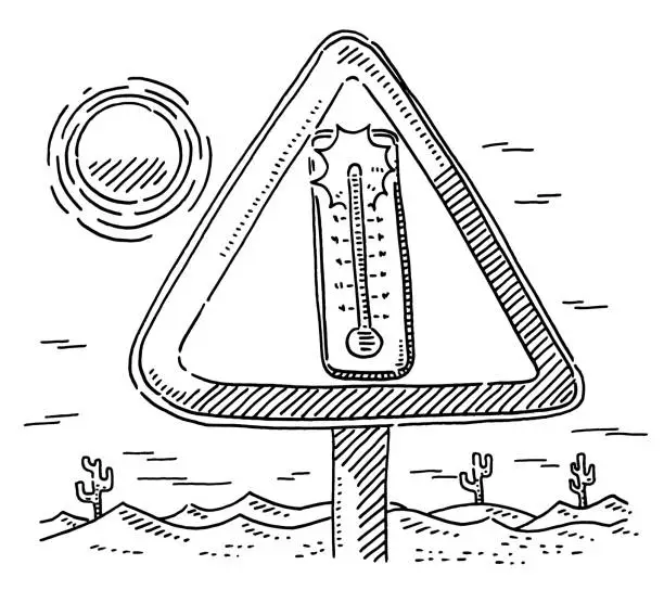 Vector illustration of High Temperature Warning Sign In Desert Drawing