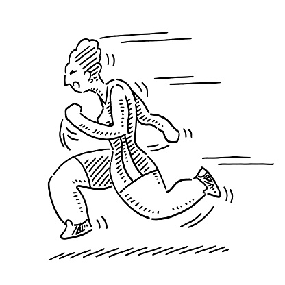 Hand-drawn vector drawing of a Cartoon Woman Running, Sport Concept. Black-and-White sketch on a transparent background (.eps-file). Included files are EPS (v10) and Hi-Res JPG.