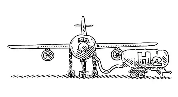 Vector illustration of Airplane Refueling Hydrogen Drawing