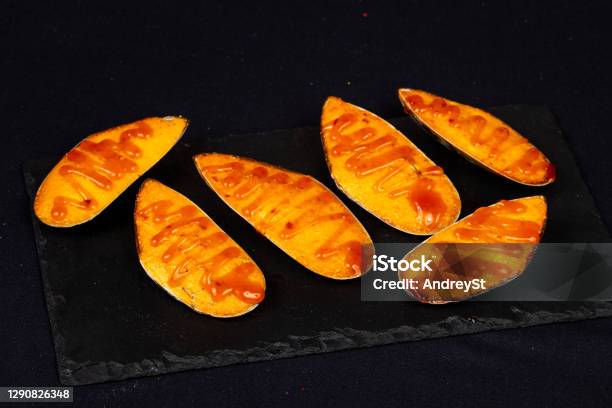 Baked Mussels With Cheese Stock Photo - Download Image Now - Appetizer, Backgrounds, Cheese