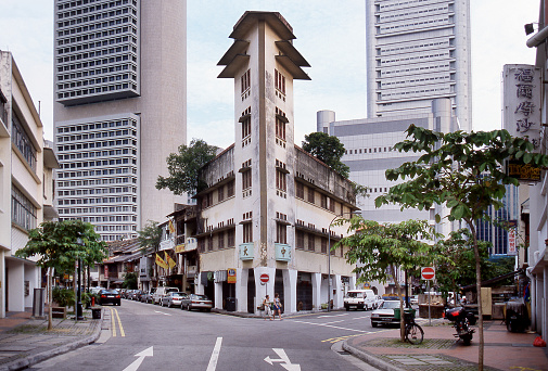 Singapore, June 15, 1998: View of beautiful heritage building surrounded by modern high rise architecture in Singapore