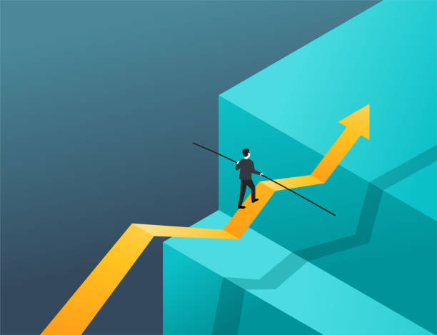 Business risk and strategy profit with big arrow Business risk and professional strategy profit concept - businessman walks big arrow as tightrope walker - isometric conceptual illustration for banner or poster tightrope stock illustrations