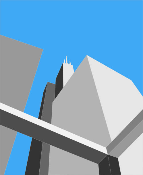 istock Group of skyscrapers as simple shaded boxes, with low angle view from below over blue sky 1290835342