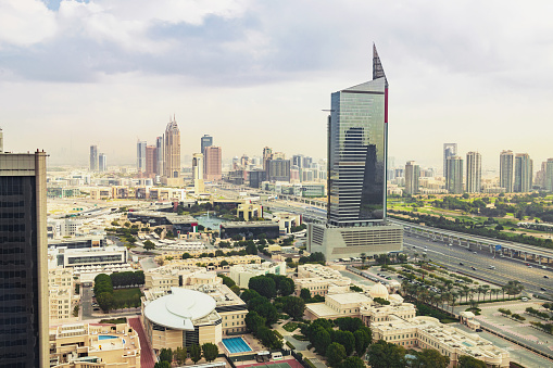 A picture of the Landmark Tower and the nearby buildings of the Al Markaziyah West city district, in Abu Dhabi.