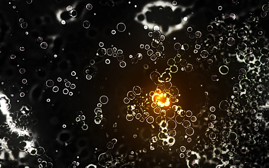 Ilustración de células naranjas brillantes, brillantes y transparentes sobre fondo oscuro. photo