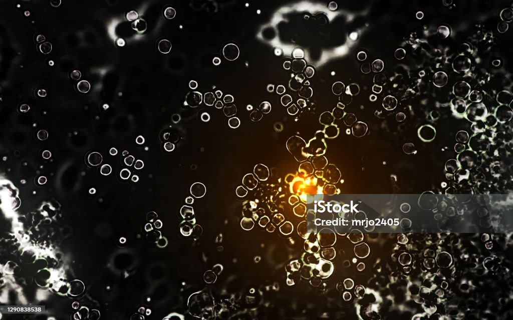 Illustration of glowing, shining and transparent orange cells on dark back background. Cells shots from microscope. Cell division. Illustration of glowing, shining and transparent orange cells on dark back background. Scientific and Biology concept. Mobile Phone Stock Photo