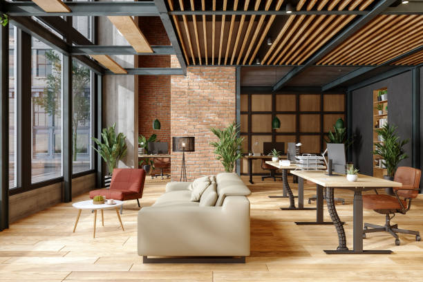 Eco-Friendly Modern Office Interior With Brick Wall, Waiting Area And Indoor Plants. Eco-Friendly Modern Office Interior With Brick Wall, Waiting Area And Indoor Plants. office indoors stock pictures, royalty-free photos & images
