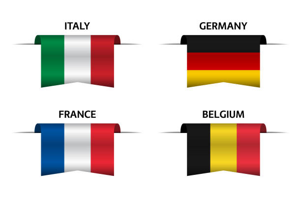 zestaw czterech włoskich, niemieckich, belgijskich i francuskich wstążek flagowych. wyprodukowano we włoszech, made in france, made in germany i made in belgium naklejki i etykiety. proste ikony wektorowe z flagami - european culture europe national flag flag stock illustrations