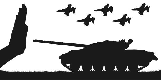 istock Stop war. No military force. Stopping the tank and aircraft. Silhouette vector 1290852074