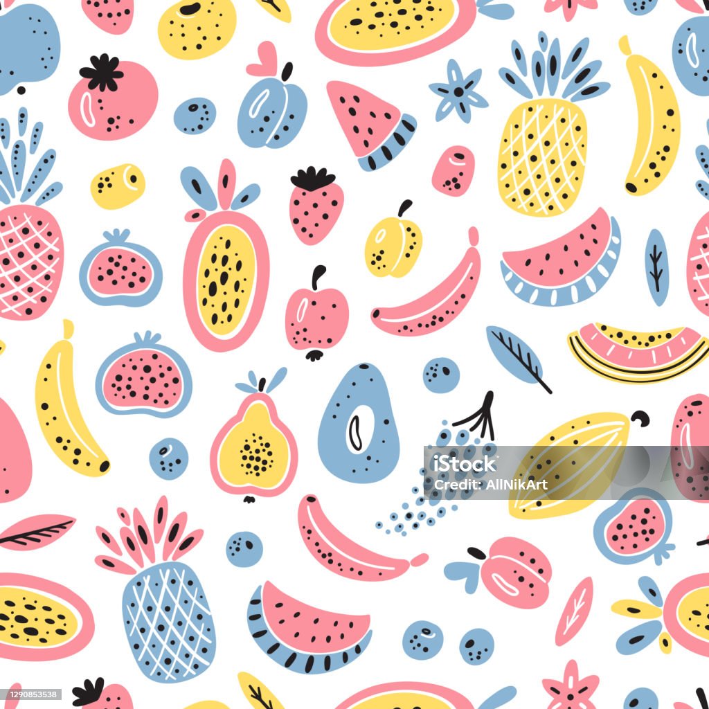 Cartoon Fruits And Berries Vector Seamless Pattern Colorful Fruit Wallpaper  Healthy Summer Food Background Stock Illustration - Download Image Now -  iStock
