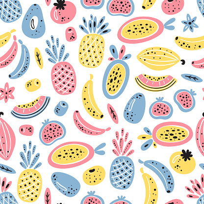 Cartoon Tropical Fruits And Berries Vector Seamless Pattern Colorful Fruit  Wallpaper Healthy Summer Food Background Stock Illustration - Download  Image Now - iStock