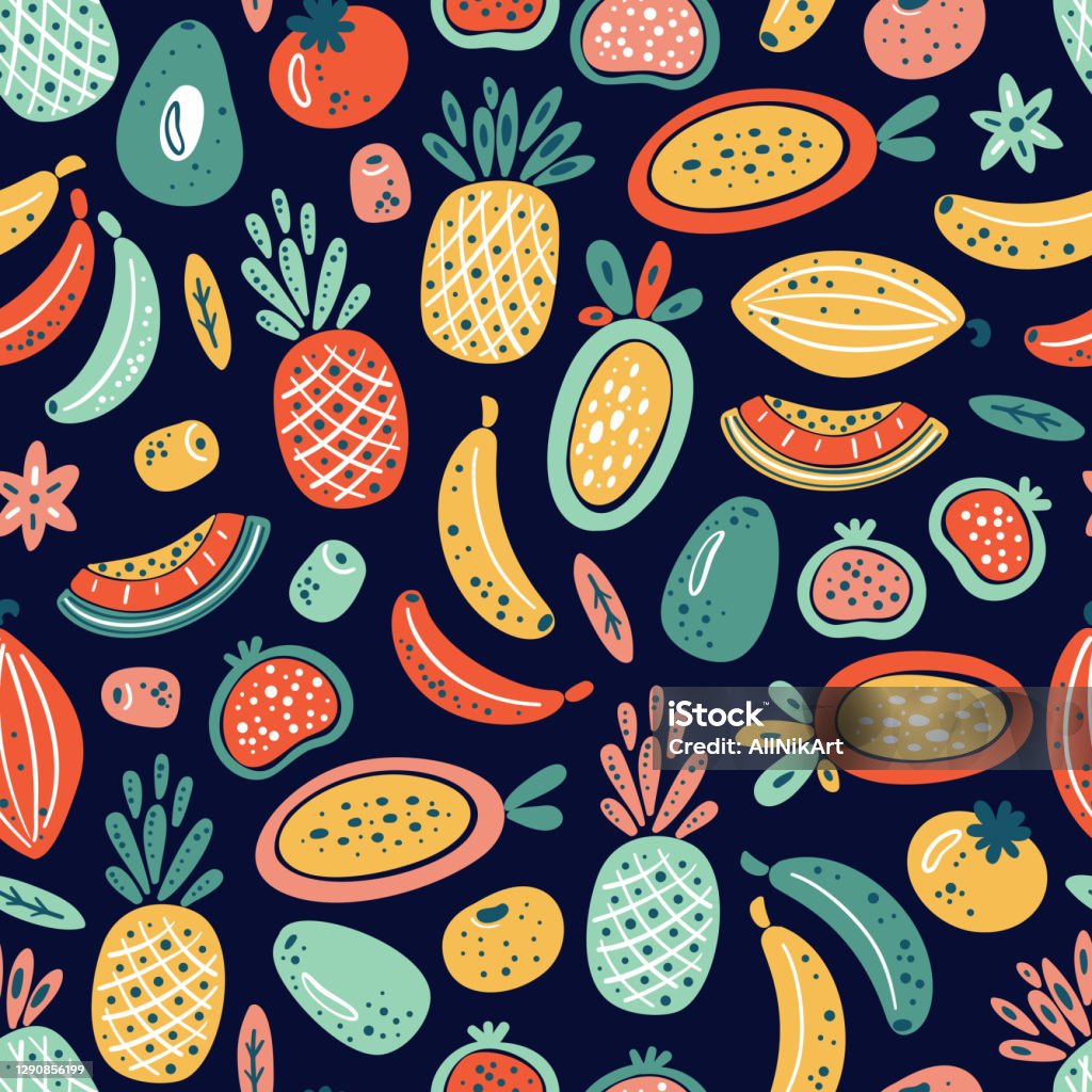 Phim Hoạt Hình Trái Cây Nhiệt Đới Và Quả Mọng Vector Mô Hình Liền ...