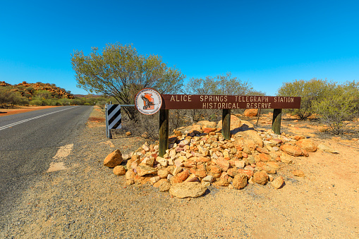 Alice Springs, Northern Territory, Australia - Aug 14, 2019: gate of the telegraph station in Alice Springs city. Historic landmark in Alice Springs, Northern Territory, Central Australia.
