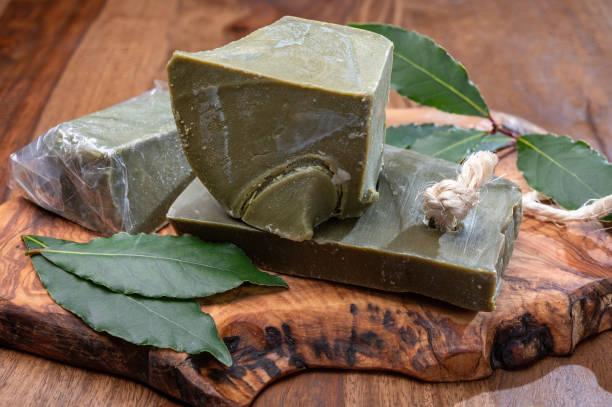 istock Blocks of handmade bio vegetal laurel bay leaf soap 1290857221