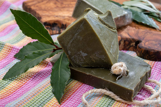 istock Blocks of handmade bio vegetal laurel bay leaf soap 1290857223