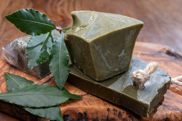 istock Blocks of handmade bio vegetal laurel bay leaf soap 1290857236