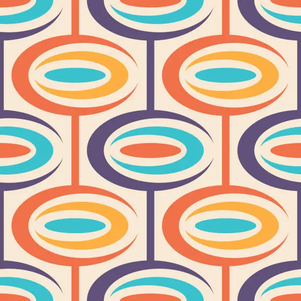 Vector illustration of Mid-century modern art vector background. Abstract geometric seamless pattern. Decorative ornament in retro vintage design style. Atomic stylized backdrop.