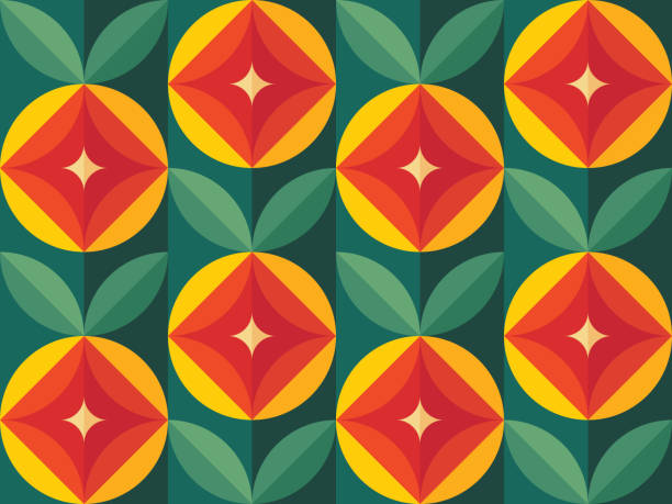 Fruits and leaves nature background. Mid-century modern art vector. Abstract geometric seamless pattern. Decorative ornament in retro vintage design flat style. Floral backdrop. Fruits and leaves nature background. Mid-century modern art vector. Abstract geometric seamless pattern. Decorative ornament in retro vintage design flat style. Floral backdrop. mosaic illustrations stock illustrations