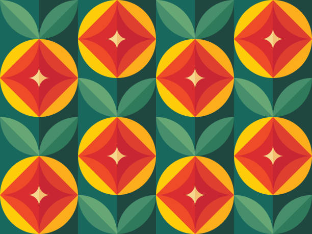 Fruits and leaves nature background. Mid-century modern art vector. Abstract geometric seamless pattern. Decorative ornament in retro vintage design flat style. Floral backdrop. Fruits and leaves nature background. Mid-century modern art vector. Abstract geometric seamless pattern. Decorative ornament in retro vintage design flat style. Floral backdrop. green apple on green background stock illustrations