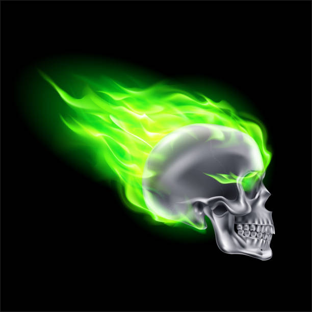 ilustrações, clipart, desenhos animados e ícones de crânio em fogo verde - inferno fire flame skull