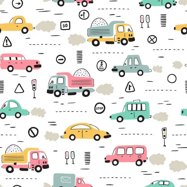 Vector illustration of Cartoon Transportation Background for Kids. Vector Seamless Pattern with doodle Toy Cars and Traffic signs