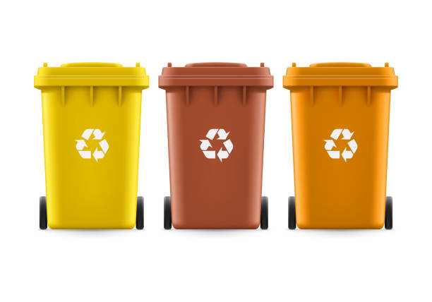 Buckets Set of brown yellow and orange buckets for trash with sign arrow utilize stock illustrations