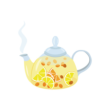 Teapot with fruit tea. Hot tea with slices of fresh lemon, orange, sea buckthorn berries. A warming drink. Tea time, Breakfast. Vector illustration in flat style isolated on a white background.