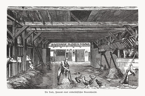 Threshing floor in a farmhouse in Lower Saxony (Germany). Wood engraving, published in 1893.
