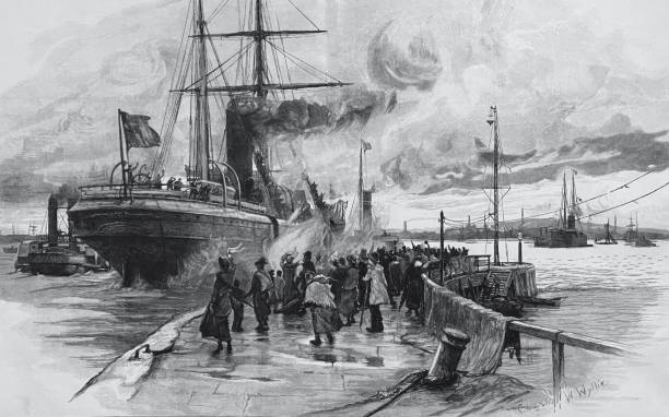 bildbanksillustrationer, clip art samt tecknat material och ikoner med utvandrarfartygets avgång - 1800 talet