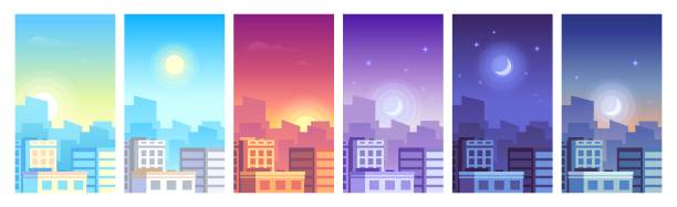 City landscape. Daytime cityscape sunrise, day, sunset and night city skyline, buildings in different time City landscape. Daytime cityscape sunrise, morning or day, sunset and night city skyline, town with buildings in different time and urban cityscape. Architecture silhouette vector set morning afternoon night stock illustrations