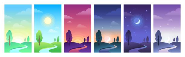 ilustraciones, imágenes clip art, dibujos animados e iconos de stock de paisaje rural en partes del día. círculo diurno del cielo y del campo como amanecer, mediodía, puesta de sol y noche - dusk