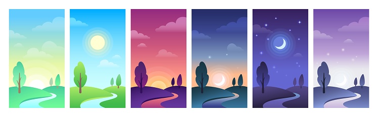 Countryside landscape in different parts of day time. Sky and field daytime circle as sunrise, morning or noon, sunset and night. Hills with tree, moon with stars and sun set vector illustration