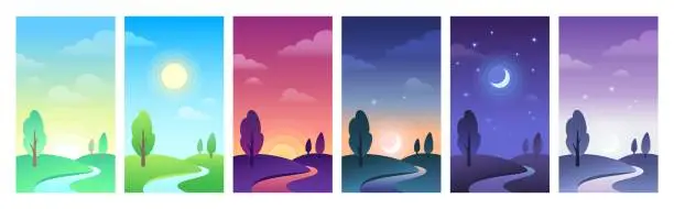 Vector illustration of Countryside landscape in parts of day time. Sky and field daytime circle as sunrise, noon, sunset and night