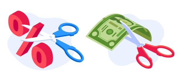 istock Rate cut concept. Scissors cutting dollar banknote and percentage. Economic crisis, money banking nominal recession 1290868252