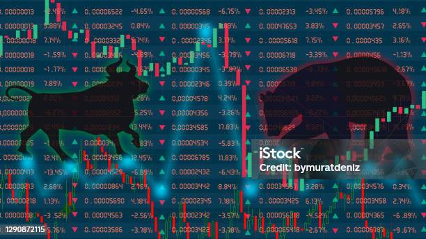 Bull And Bear On Stock Market Prices Stock Photo - Download Image Now - Gold - Metal, Bull - Animal, Price
