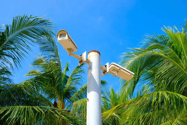istock CCTV Security digital camera with palm trees , security , safety on the beach during holidays . 1290872807