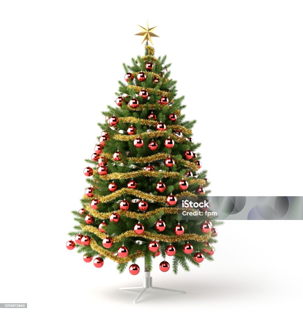 Beautifully decorated Chistmas Tree crowned with a golden star. Christmas Tree with golden Star.  Isolated on white. Christmas Tree Stock Photo